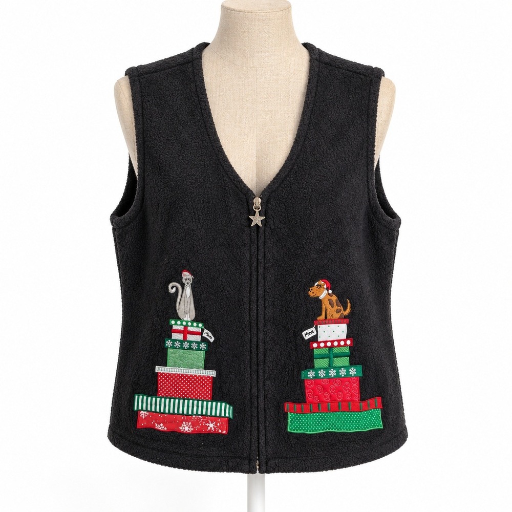 Vintage Embroidered Fleece Christmas Vest Size M Black Cat Dog Presents Novelty